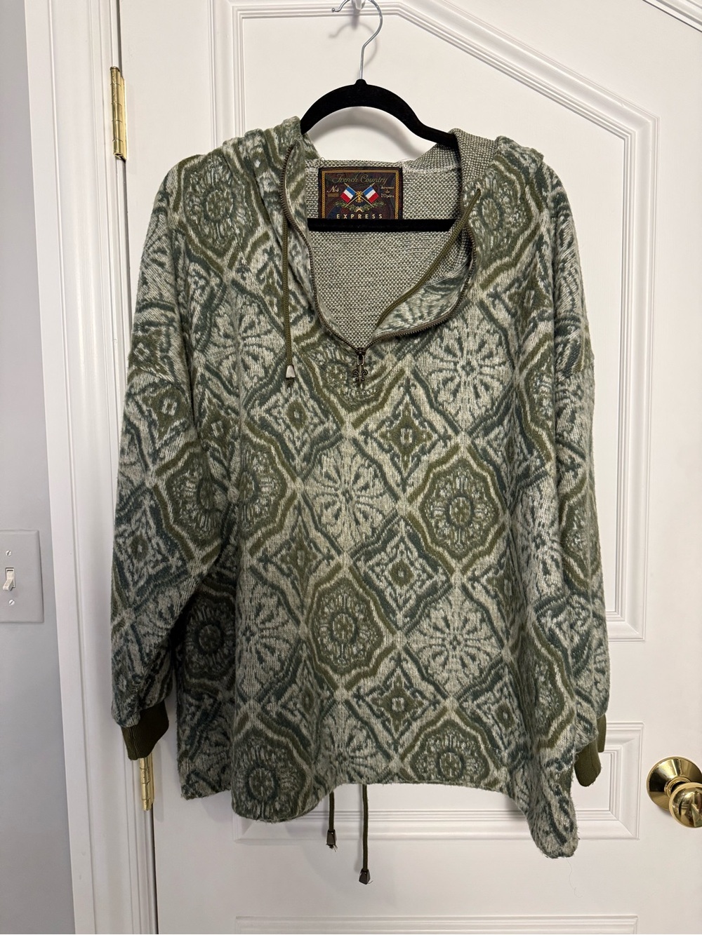 Vintage 90s Express French Country Brocade Hooded Sweater Green